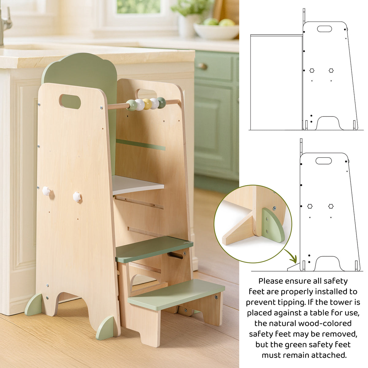 ROBUD Toddler Standing Tower green accent version showing 15 mm thick wood panels and durability features in a bright kitchen corner