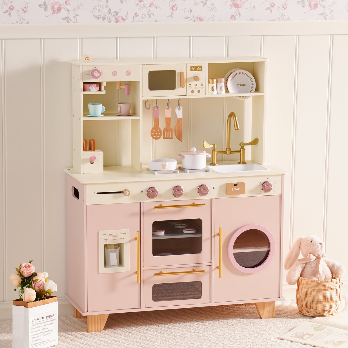 ROBUD Pink Baking Kitchen hero front view showing full pink cream wooden kitchen with refrigerator, oven, washer and accessories