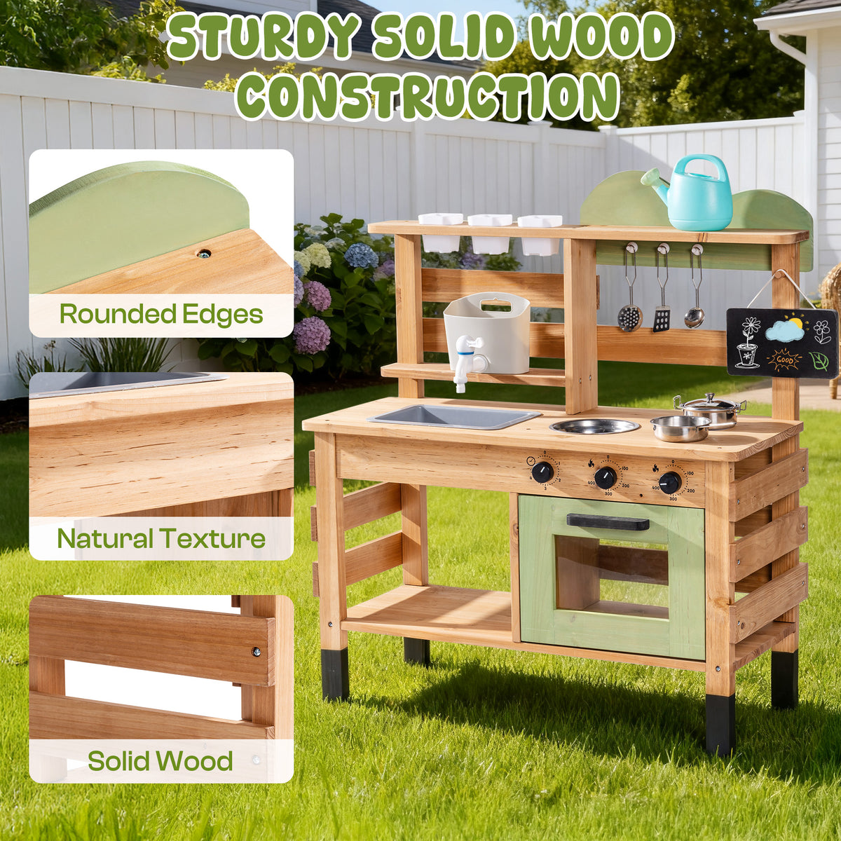 ROBUD Outdoor Mud Play Kitchen sturdy solid wood construction detail showing rounded edges, natural wood texture and solid wood material close-ups