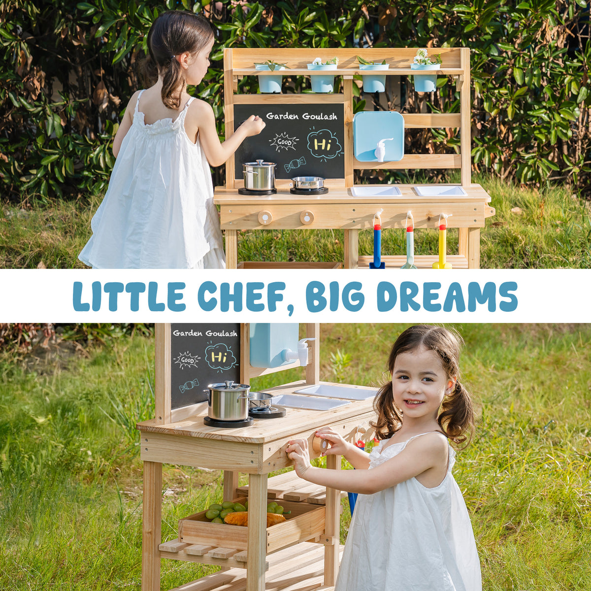 ROBUD Outdoor Garden Mud Kitchen little chef big dreams lifestyle collage with girl writing on chalkboard and posing beside the natural wood outdoor kitchen