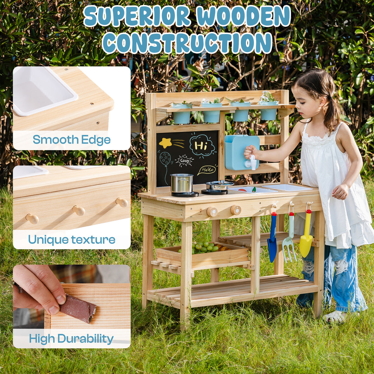 ROBUD Outdoor Garden Mud Kitchen superior wooden construction detail showing smooth edge finish, unique natural texture and high durability material close-ups