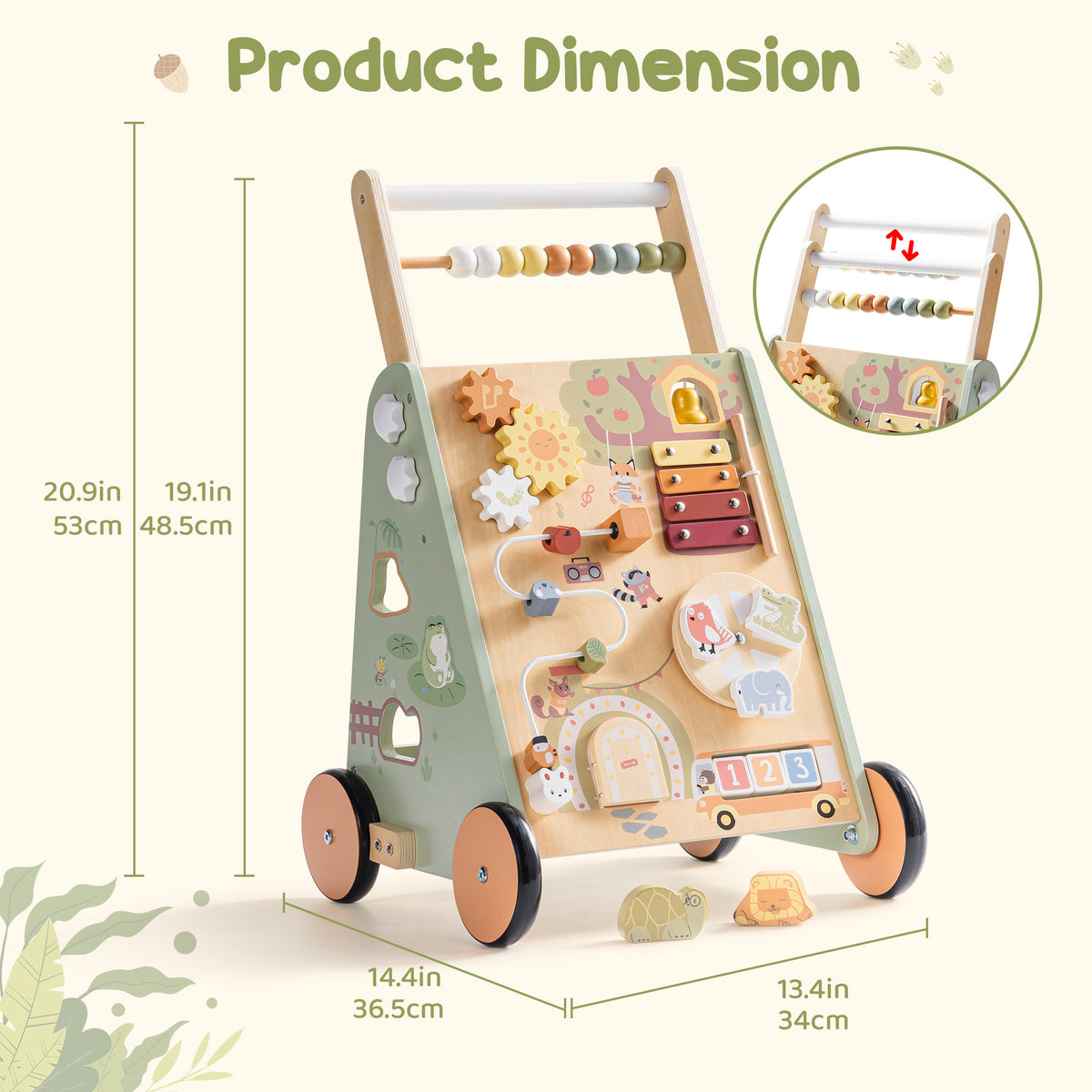 ROBUD Forest Fairy Baby Push Walker product dimension diagram showing 25.6 inch height and 13.4 inch width specifications on sage green walker