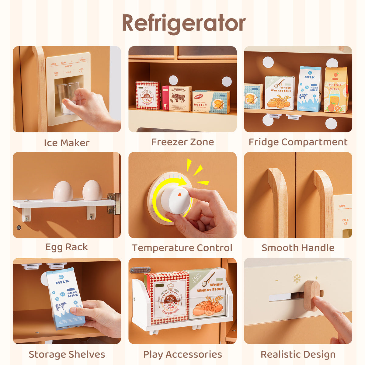 ROBUD Caramel Wooden Refrigerator feature panel showing ice maker, freezer zone, fridge compartment, egg rack, temperature and handle