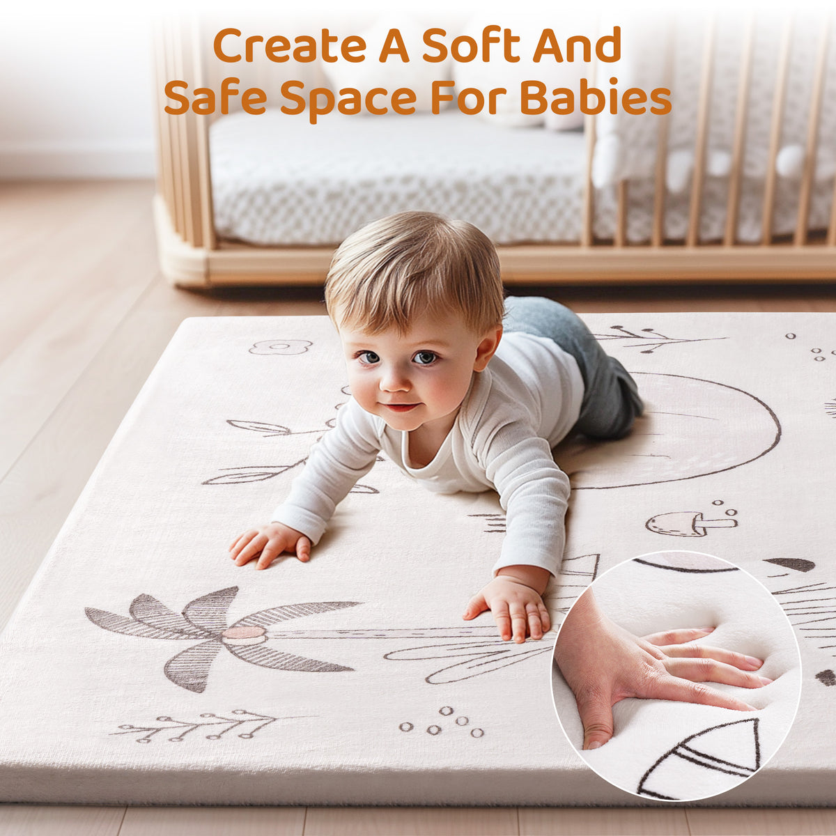 ROBUD baby play mat with a smiling baby lying tummy-down on the soft safari-print surface with a hand pressing the foam showing its cushioned texture, nursery in background