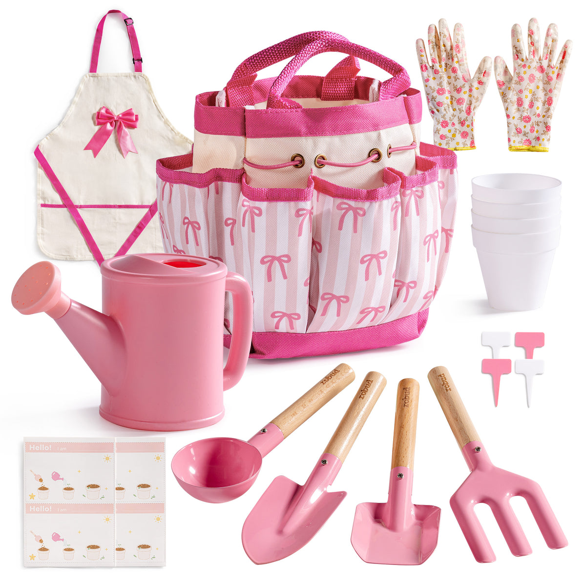 ROBUD Kids Gardening Set pink butterfly tote bag and accessories laid out flat showing full set contents from above on white background