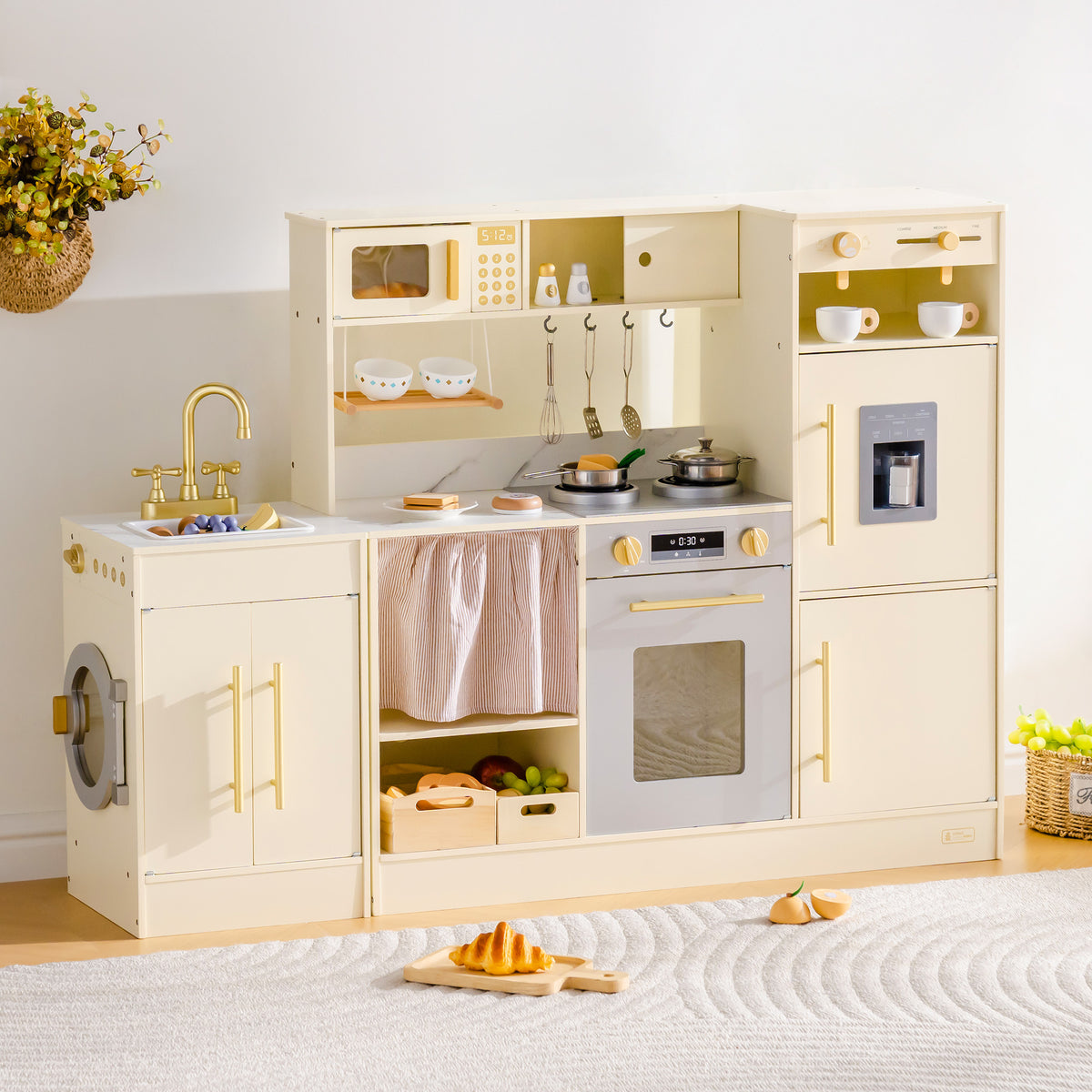 ROBUD cream wooden corner kitchen playset displayed in a sunlit playroom showing the full L-shaped front elevation.