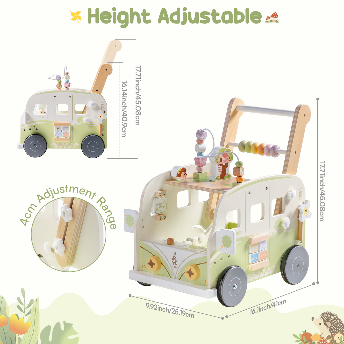 ROBUD green vacation bus baby walker height adjustment diagram showing two size configurations with measurements.