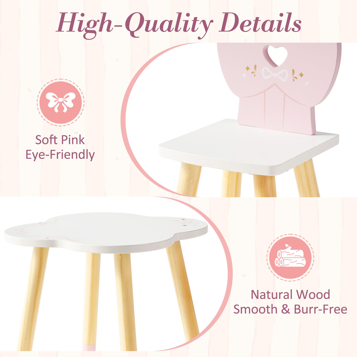ROBUD doll chair and table close-up showing soft pink eye-friendly finish and smooth natural wood legs with burr-free edges