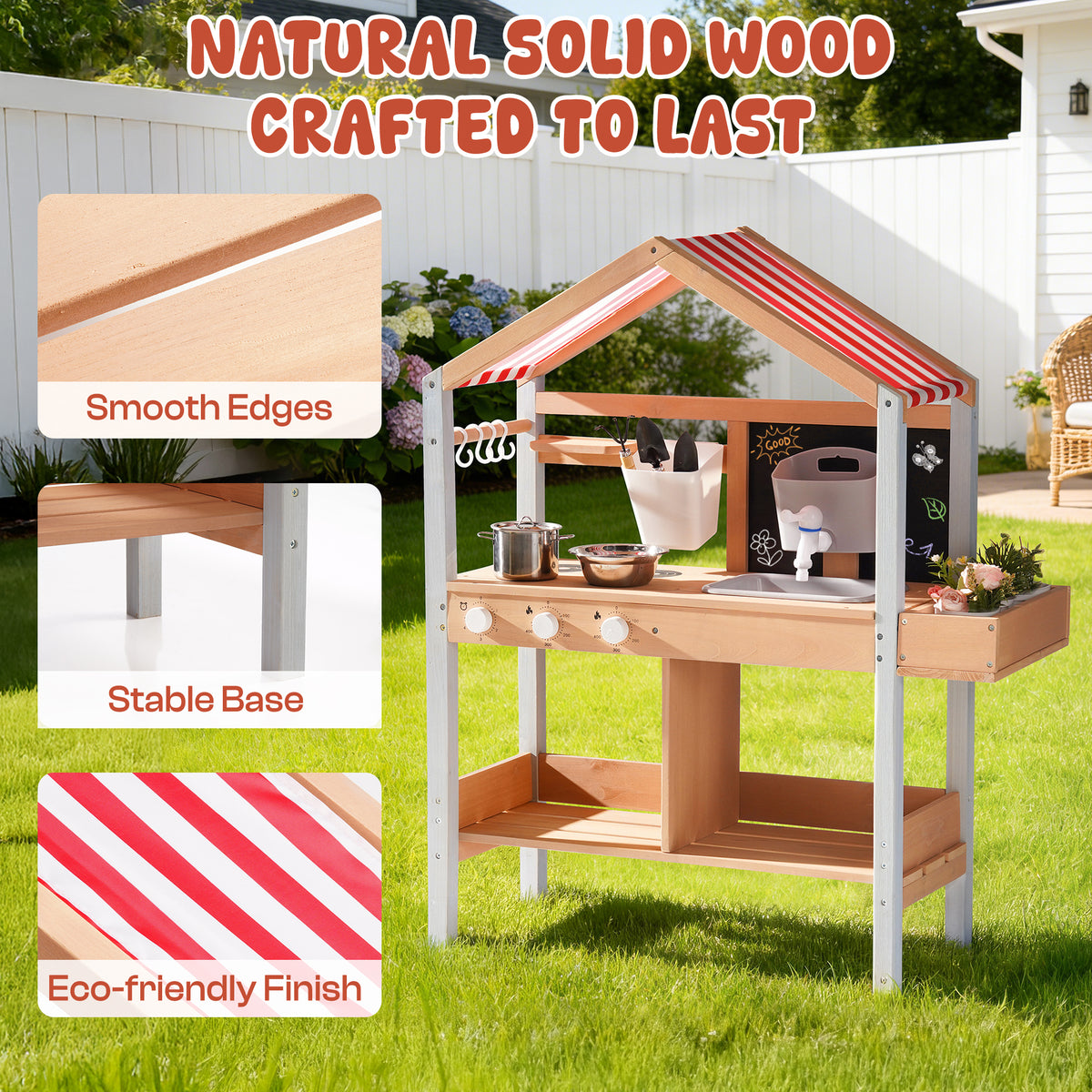 ROBUD outdoor mud kitchen with canopy highlighting solid natural wood construction, smooth edges, stable base, and eco-friendly finish