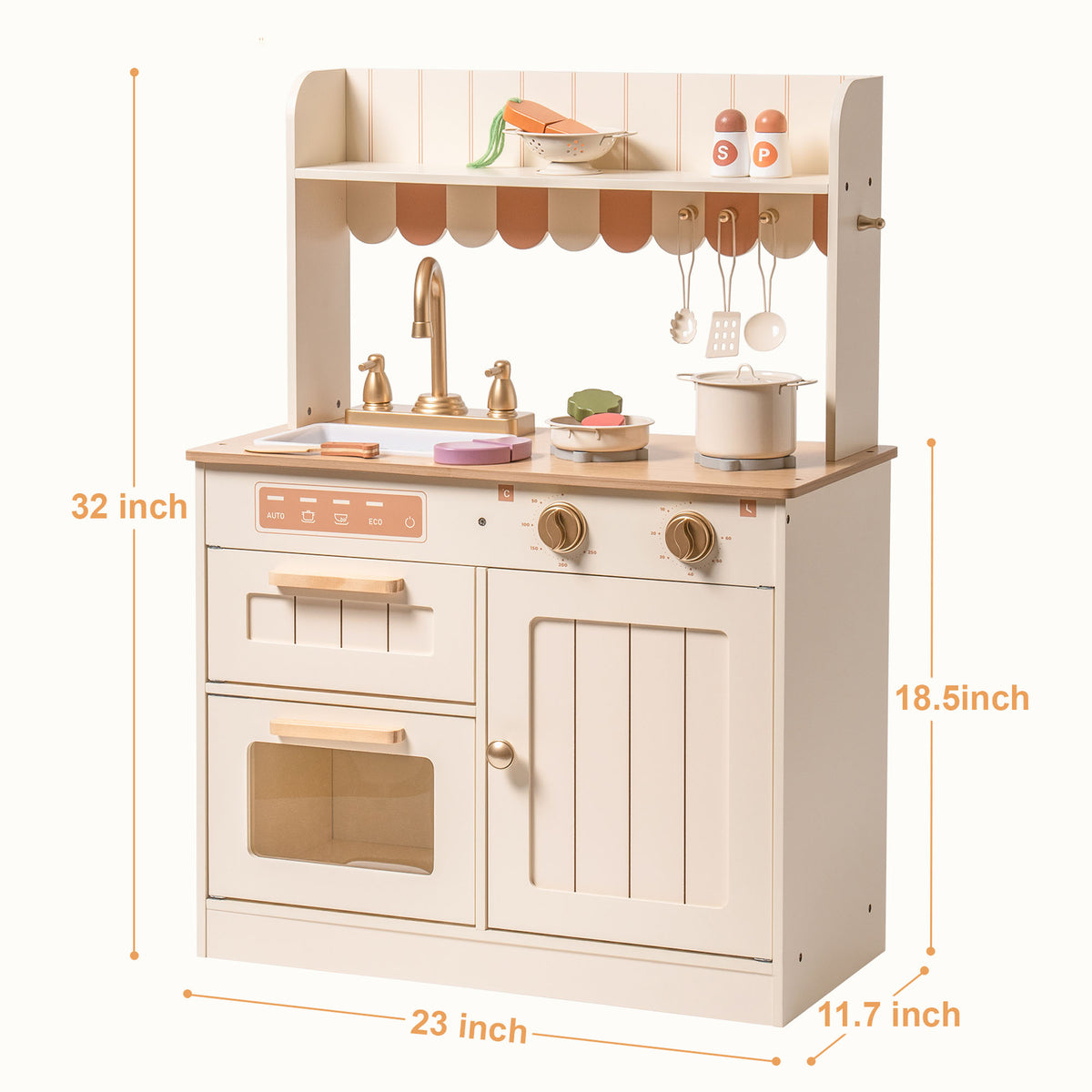 Child playing with Robud wooden kids kitchen set, pretend cooking with colorful toy food and pots.