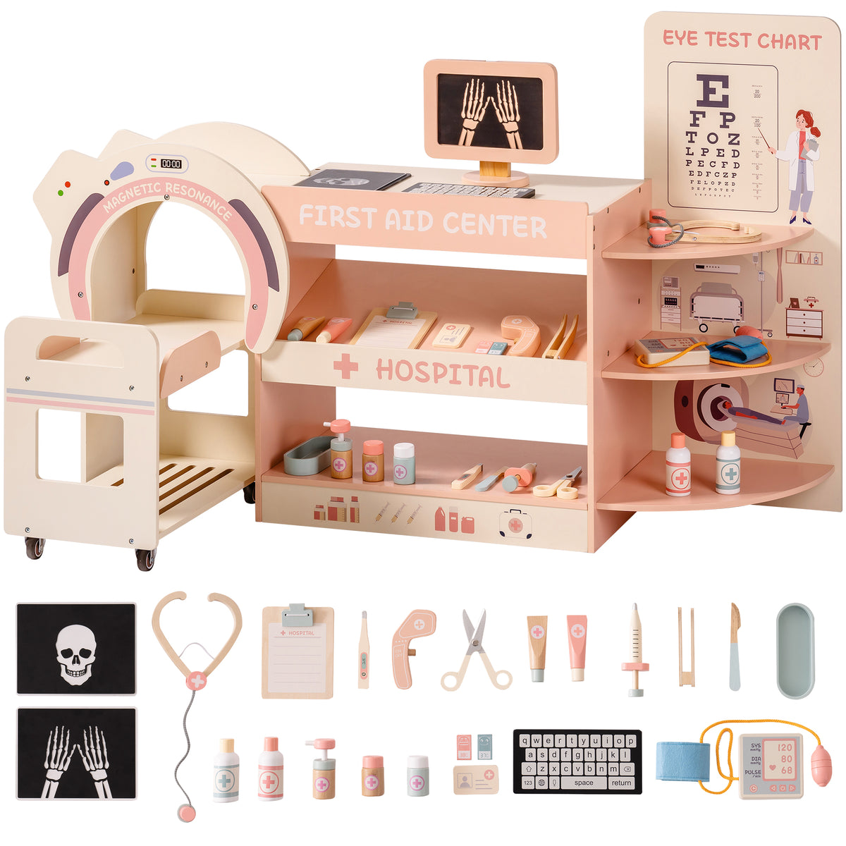 Child uses ROBUD wooden toy blood pressure monitor cuff on a plush bear next to the hospital station, squeezing the pink pump