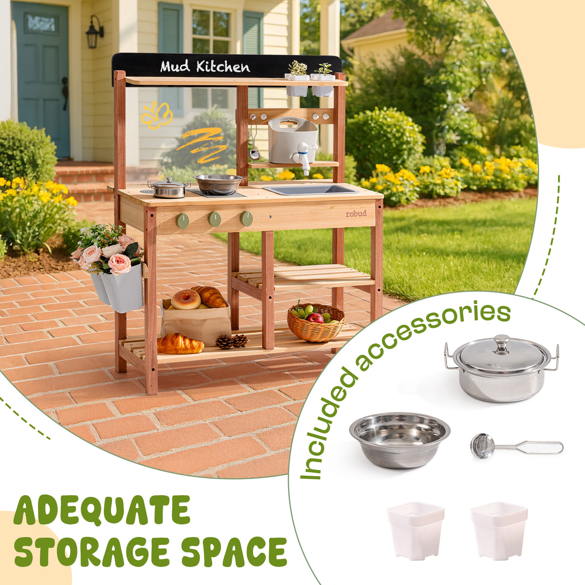 ROBUD outdoor mud kitchen in a garden with adequate storage shelves holding a bread basket and fruit bowl, included stainless accessories shown in inset