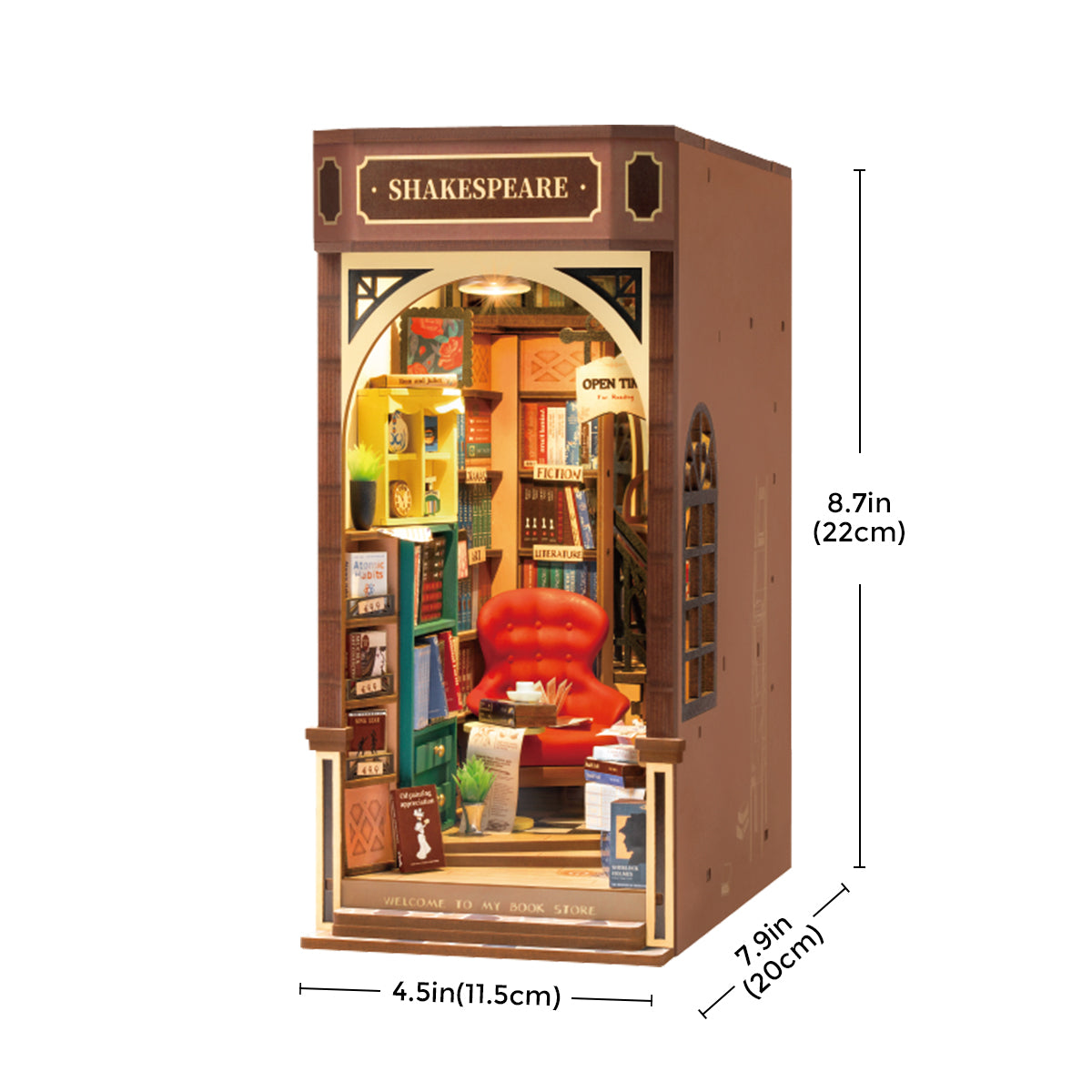 Rolife Bookstore Book Nook TGB07 DIY book nook miniature kit, front view on a neutral background