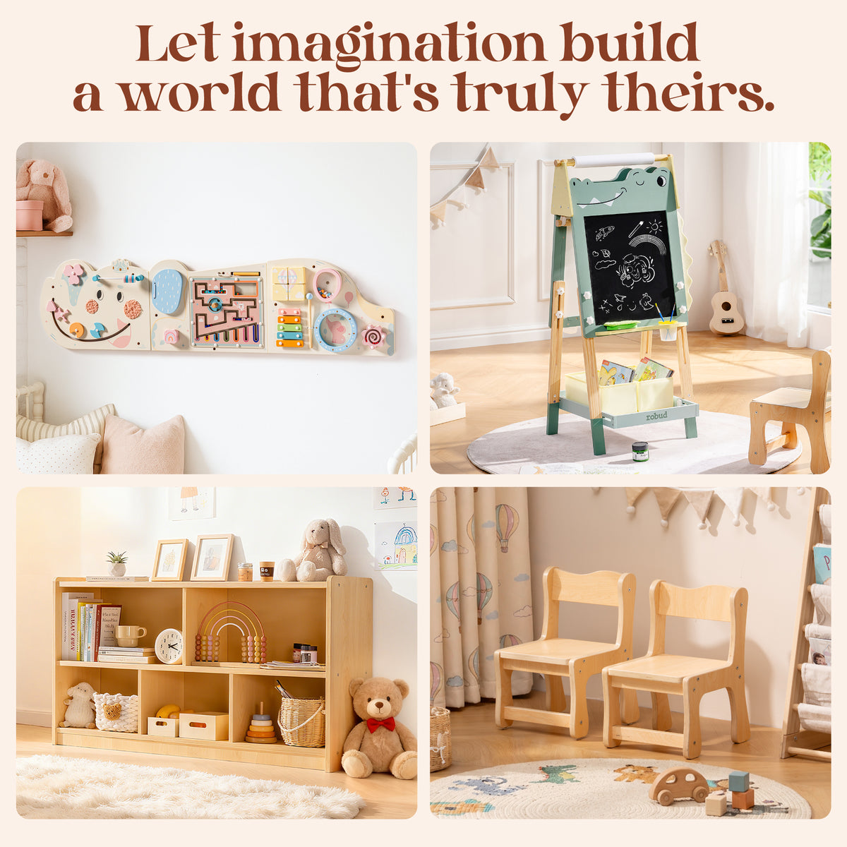 ROBUD Little Moments play set lifestyle collage showing activity board chalkboard easel bookshelf and natural wood chair.