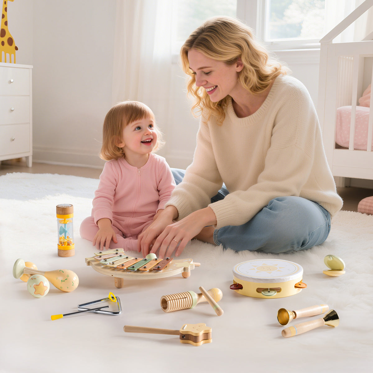 Mother and toddler smiling together while playing with ROBUD Moonlight Music Set wooden instruments on a soft white rug