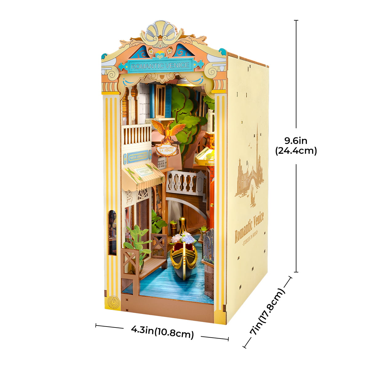 Rolife Sunshine Town DIY book nook with dimensions 4.3 by 10.7 by 9.6 inches labeled on outline diagram