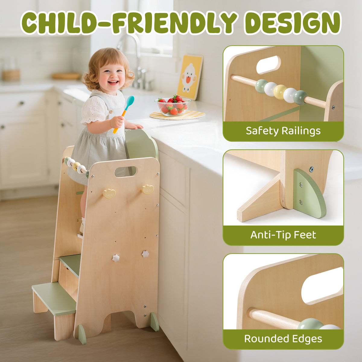 ROBUD Toddler Standing Tower showing child-friendly design features including safety railings, anti-tip feet and rounded edges on natural wood frame