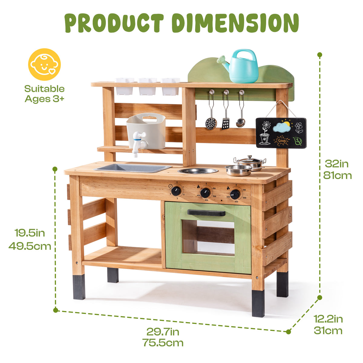 ROBUD Outdoor Mud Play Kitchen with Removable Sink product dimension diagram showing 31.9 inch height and 29.7 inch width with ages 5 plus label