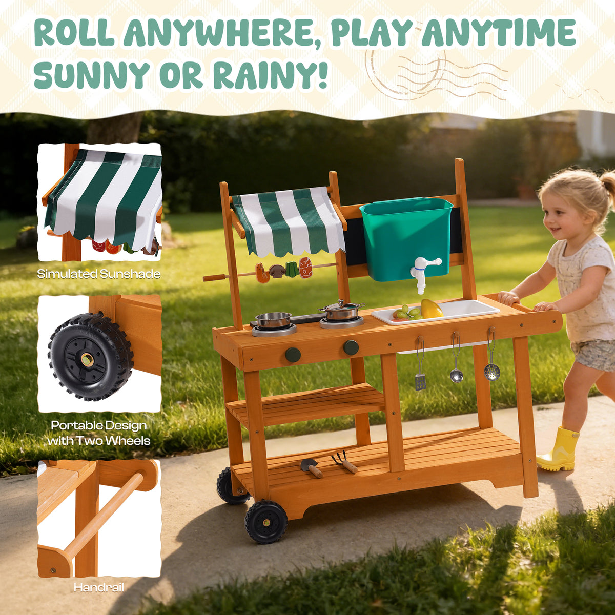 Two young children playing at ROBUD wheeled outdoor mud kitchen on a grassy lawn with teal water tank and green striped canopy