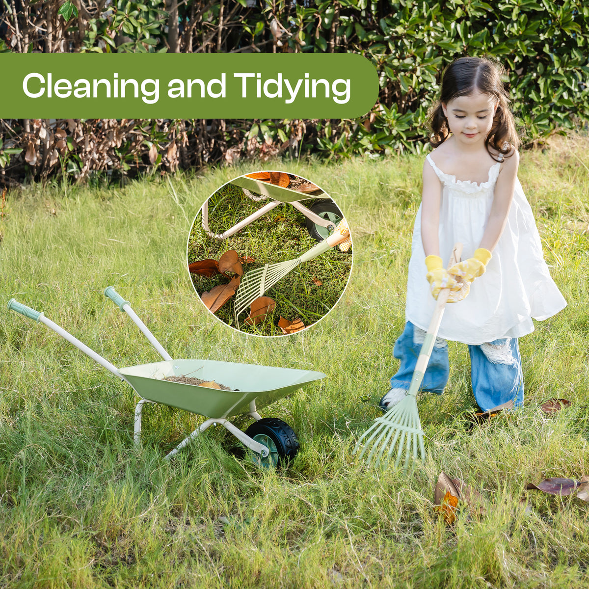Girl raking lawn with ROBUD Kids Wheelbarrow Set wooden-handle rake tool beside the green metal wheelbarrow on green grass