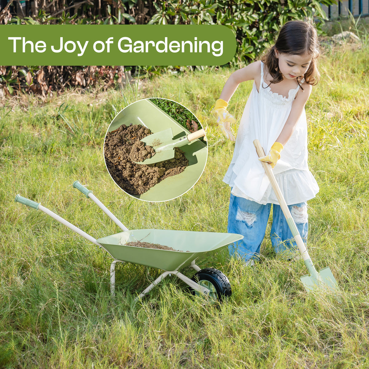 Girl digging soil outdoors beside ROBUD Kids Wheelbarrow sage green metal tray in a sunny grass field