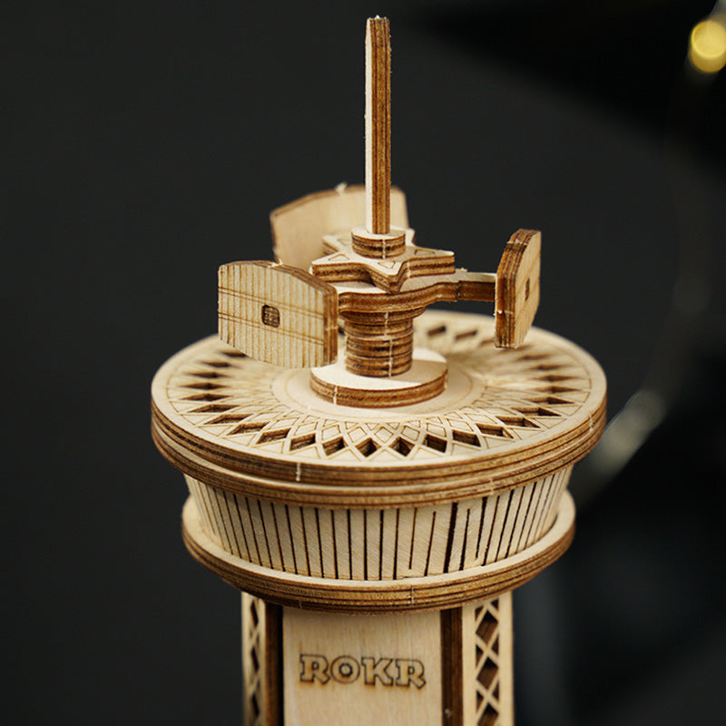 ROKR Airplane Control Tower AMK41 top-down view showing control tower crown and rotating platform in natural wood