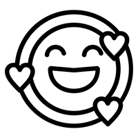 Black and white outline icon of a smiling face with heart eyes representing the joy and excitement of Robotime Online collectible surprise products.