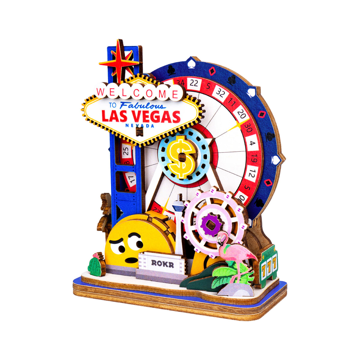 ROKR Las Vegas model with a roulette wheel, welcome sign and yellow taxi