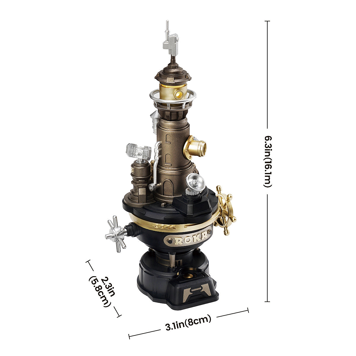 ROKR Navi Lighthouse Mechanical 3D Puzzle CGM01 3D wooden architecture model, side view highlighting structure and scale