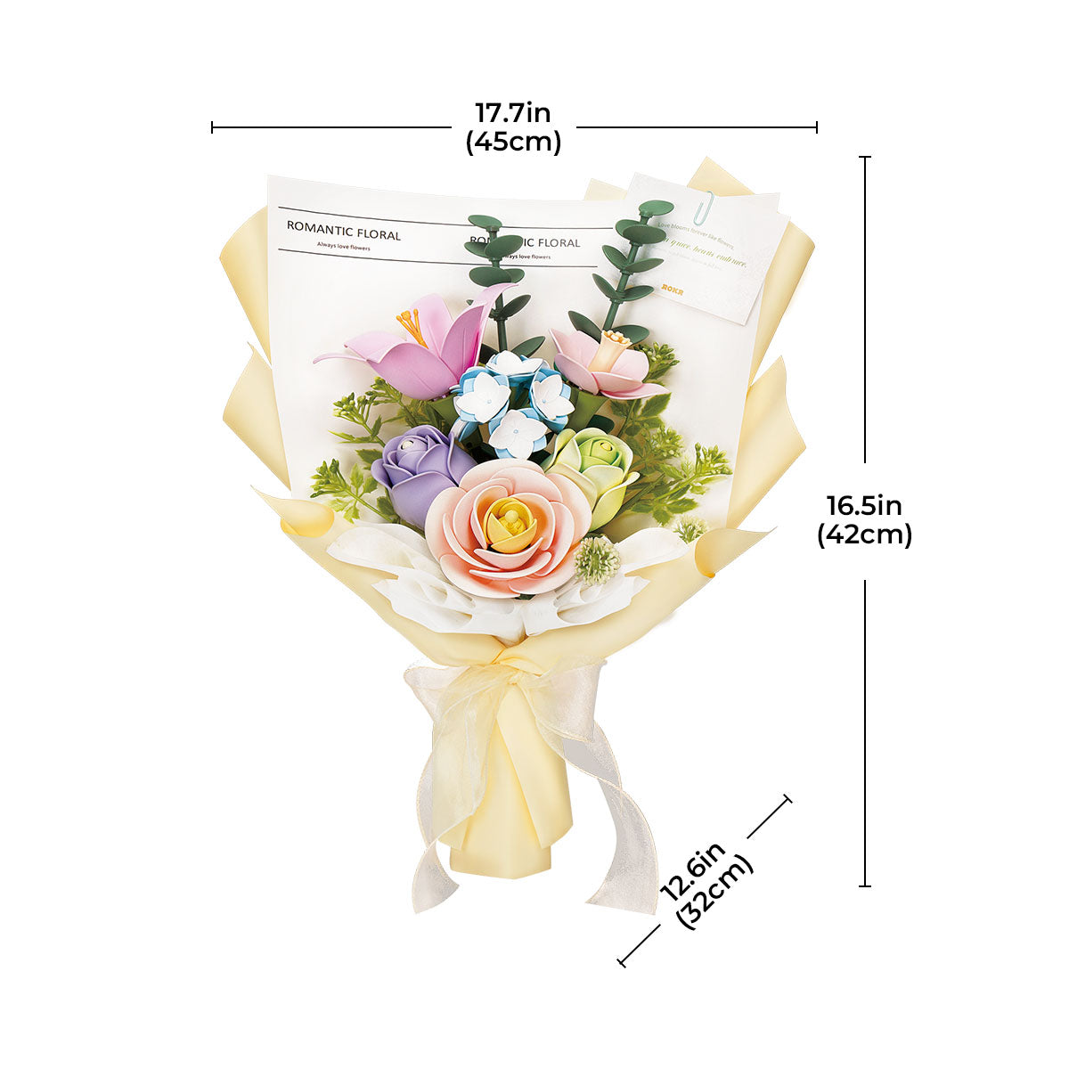 ROKR Spring Time Bouquet diagram with finished vase and measurement lines on white.