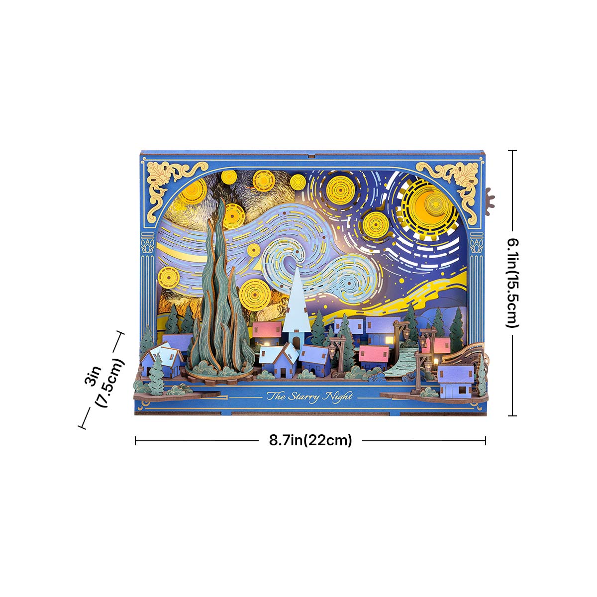 Rowood The Starry Night TH003 completed model with dimension callouts, 8.7 by 6.1 inches, blue village and swirling sky