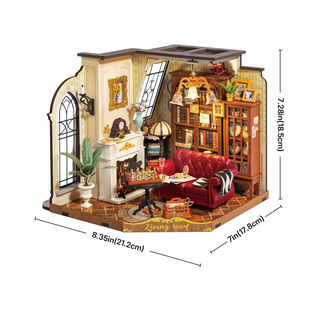 Rolife Catherine's Living Room DG175 miniature house clean hero shot showing full interior with red sofa, fireplace, bookshelves, and arched gothic window