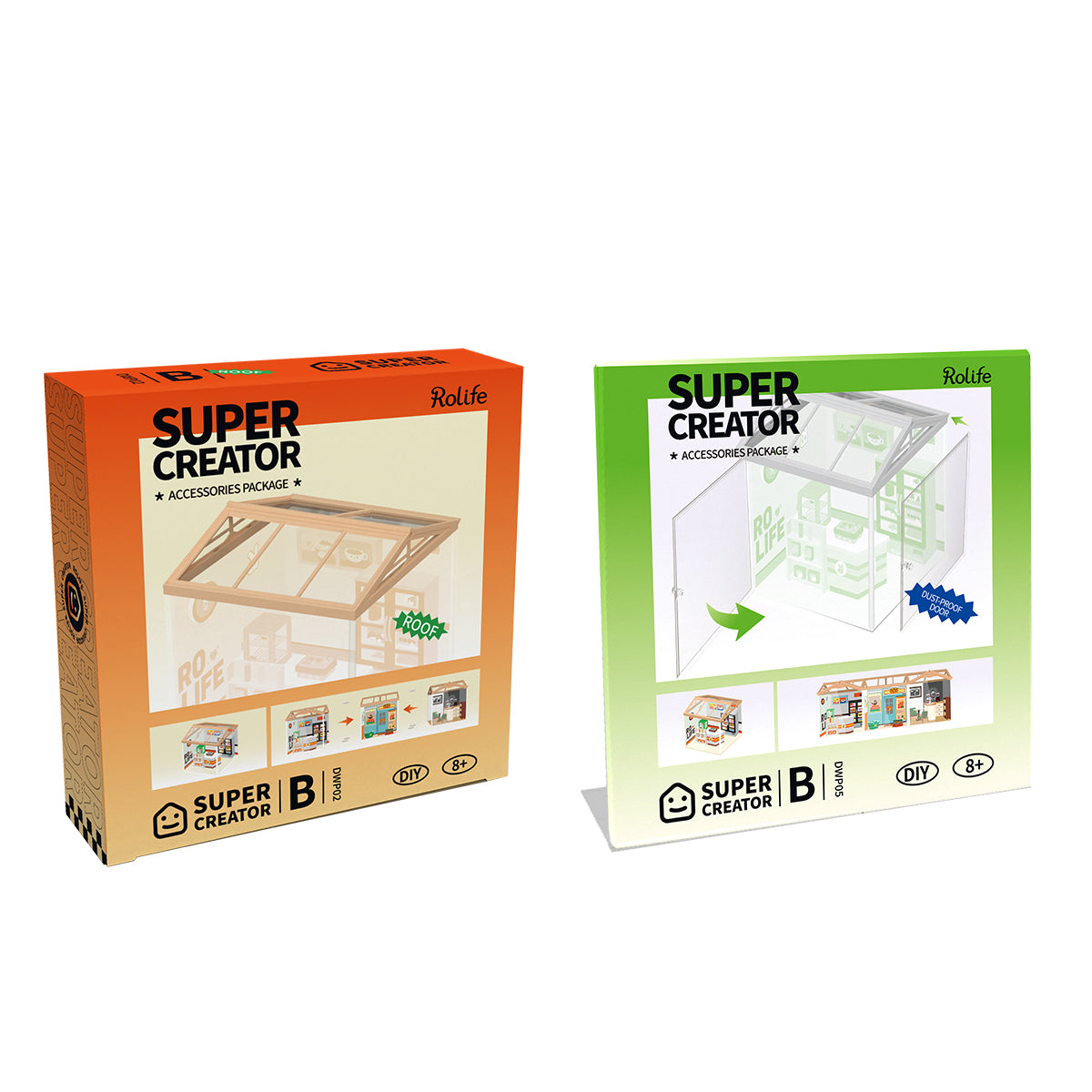 Two Rolife Super Creator accessory packages shown side by side including an orange roof kit and a green dust-proof door kit with box artwork visible