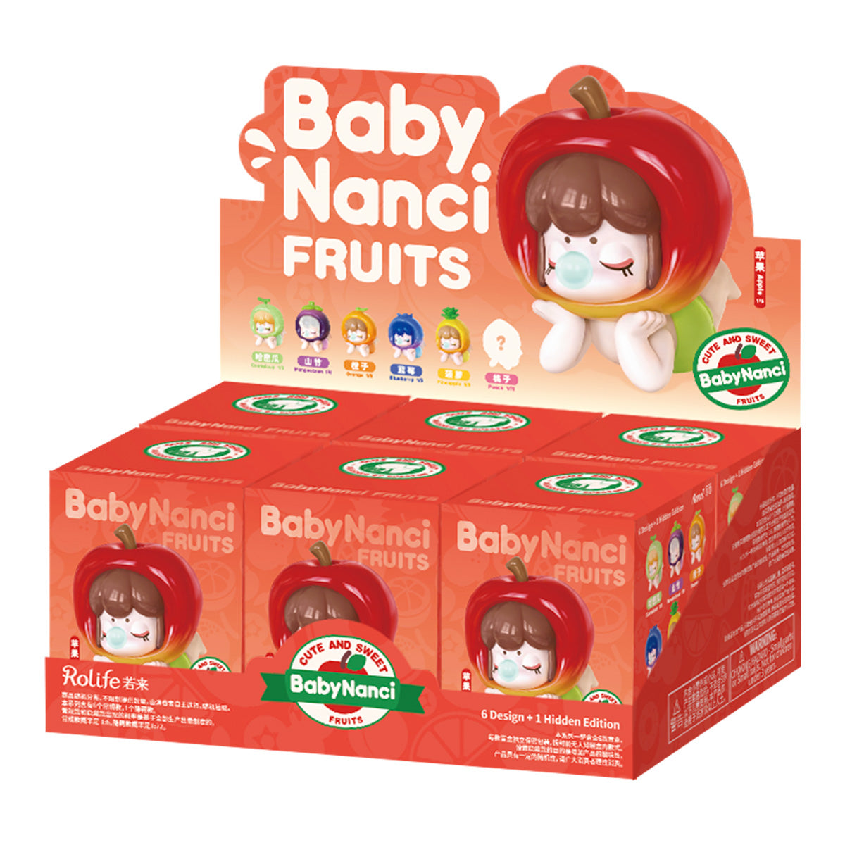 Rolife Baby Nanci Fruits blind box retail display showing full tray of six individual boxes with Apple figure on front packaging and 6 Design plus 1 Hidden Edition text