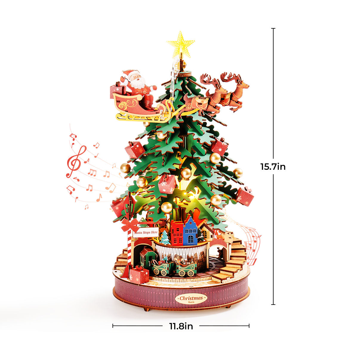 Rolife Christmas Melody Tree music box shows the decorated tree with size measurements.