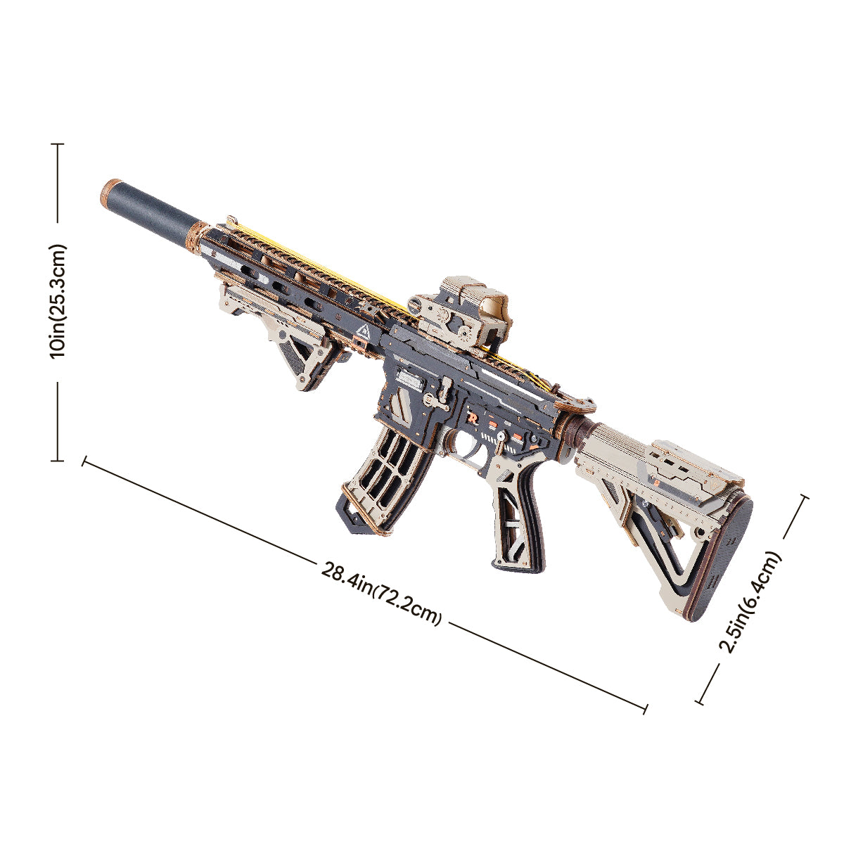 Wooden rifle model outline diagram labeled with dimensions 28.4 by 2.5 by 10 inches for the silencer length
