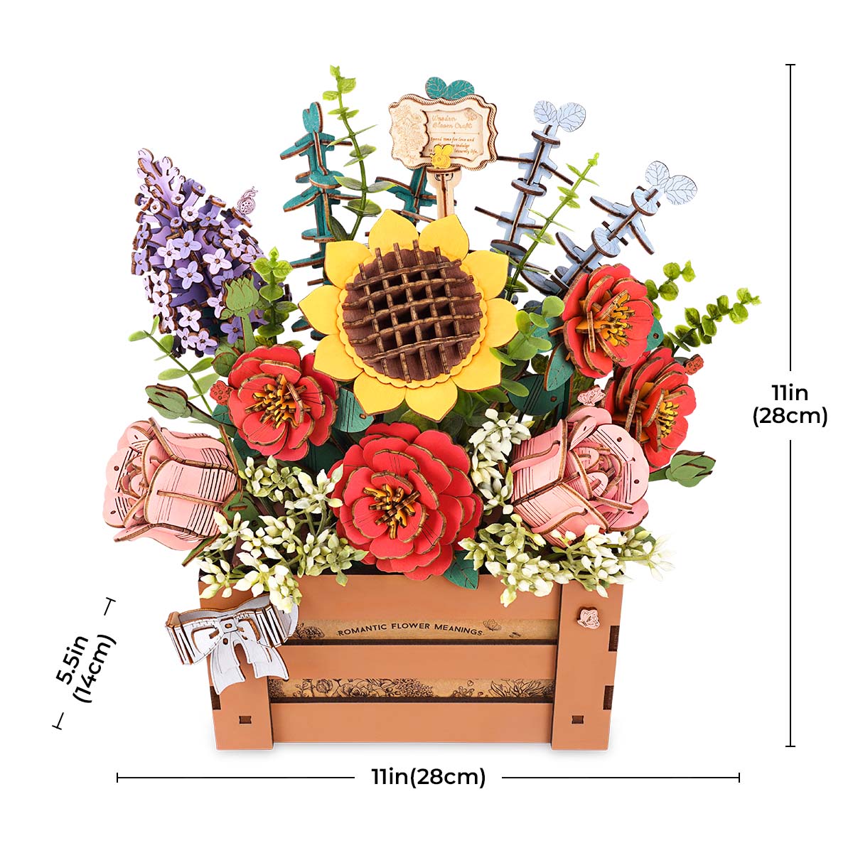 Rowood Wooden Bloom Box dimension diagram showing sunflower bouquet in wooden crate, 11 by 7 by 11 inches labeled