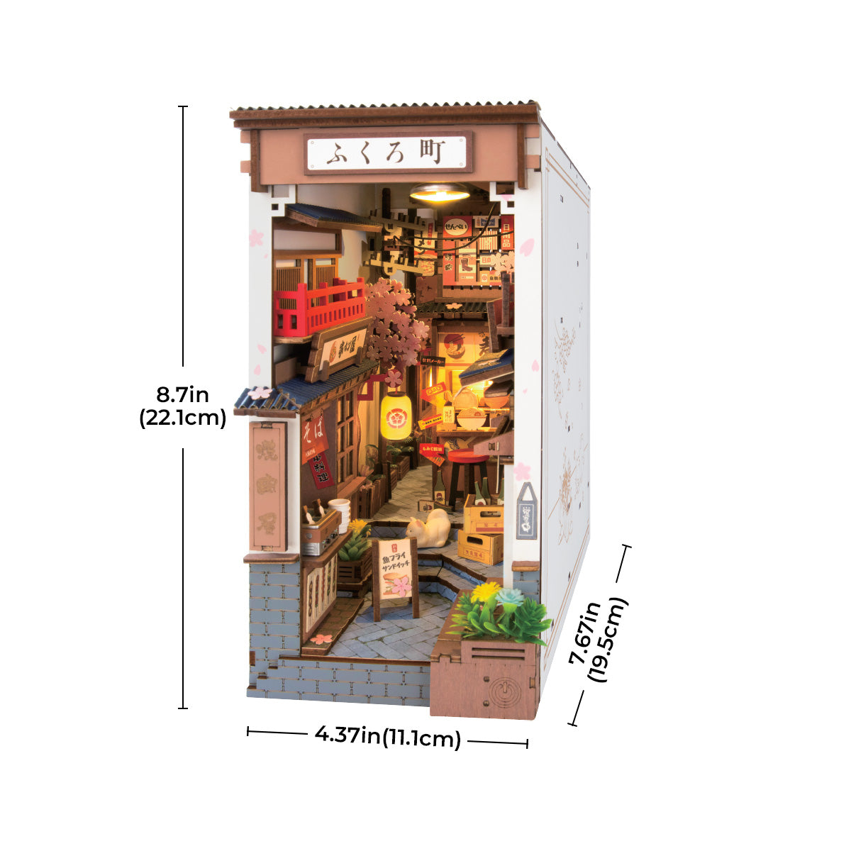 Rolife DIY miniature book nook TGB11, feature callouts and dimensions