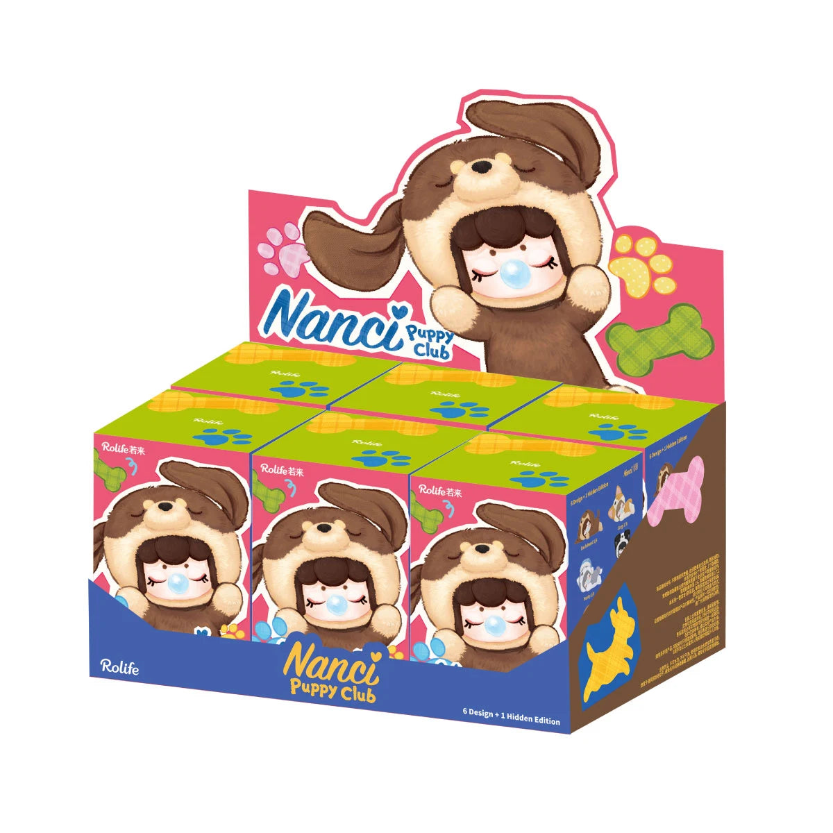 Rolife Nanci Puppy Club display case holding six blind boxes, with a large puppy-hooded figure cutout and '6 Design + 1 Hidden Edition' text.