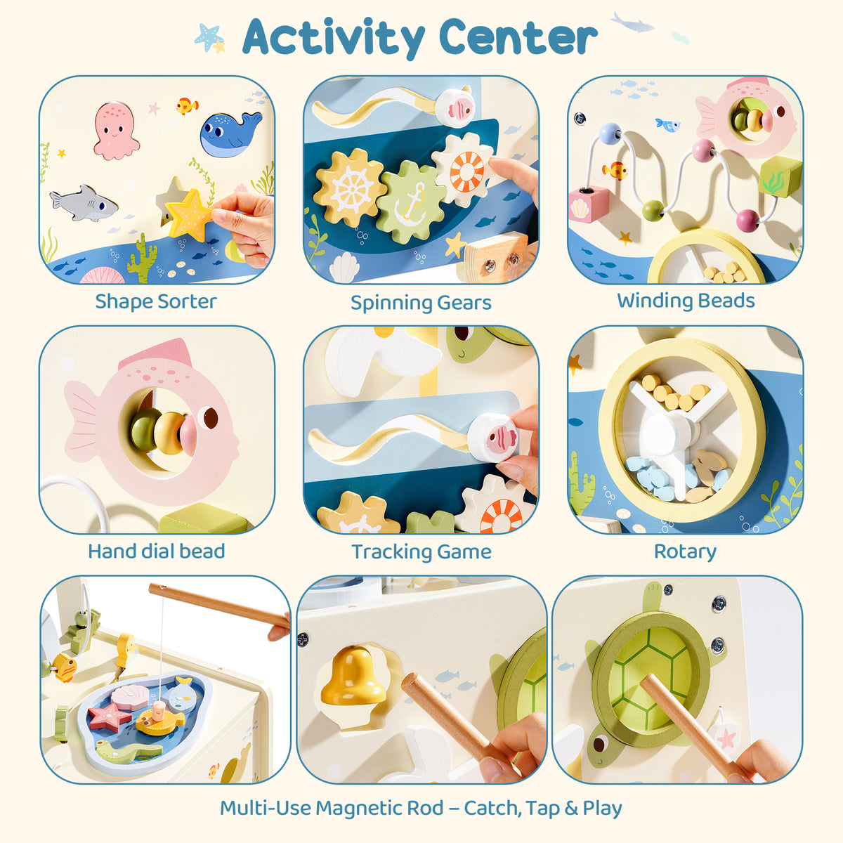 ROBUD Wooden Baby Push Walker Underwater World activity center panel showing shape sorter, spinning gears, winding beads, abacus and rotary features