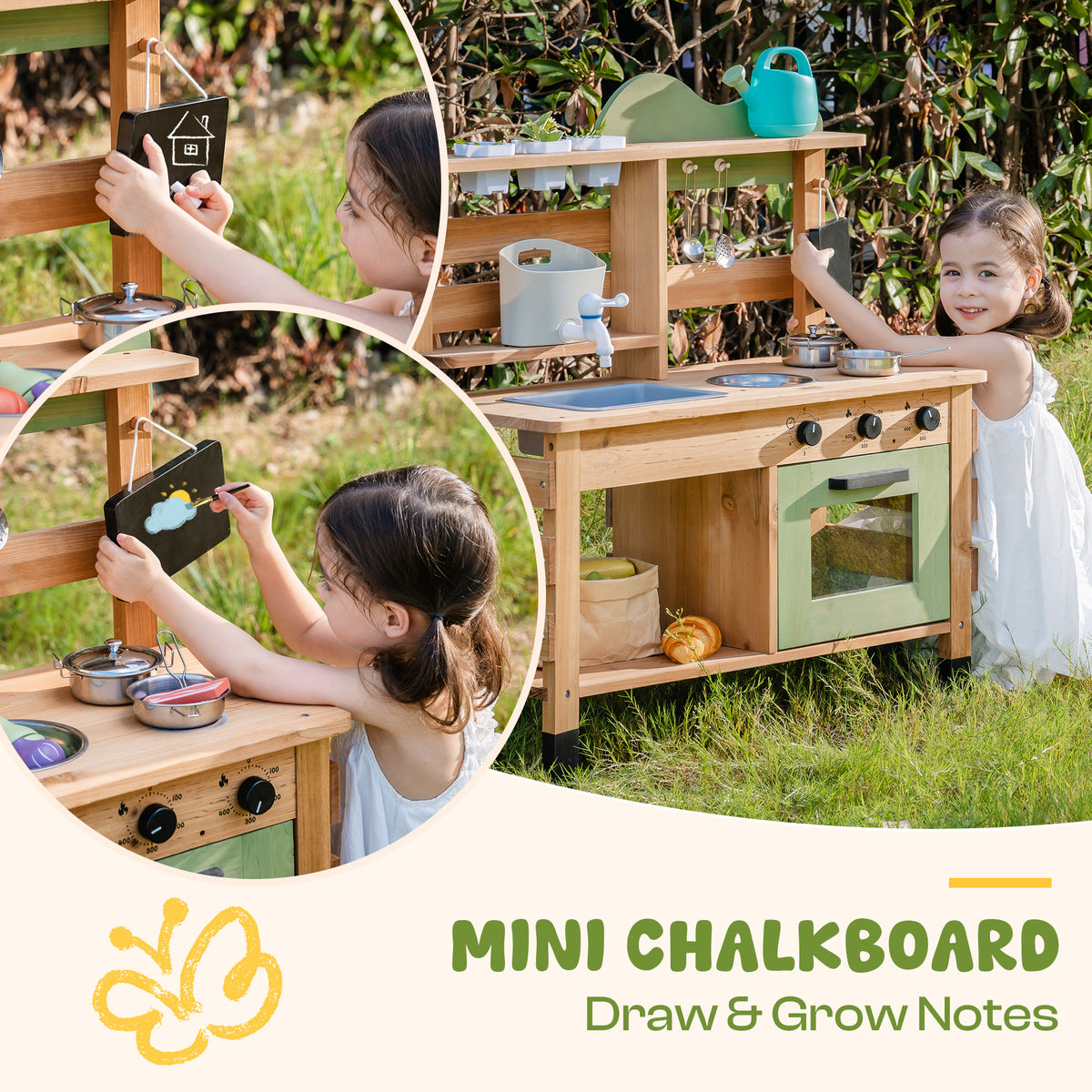 ROBUD Outdoor Mud Play Kitchen mini chalkboard draw and grow notes feature with two girls playing at the full honey and sage green outdoor kitchen station