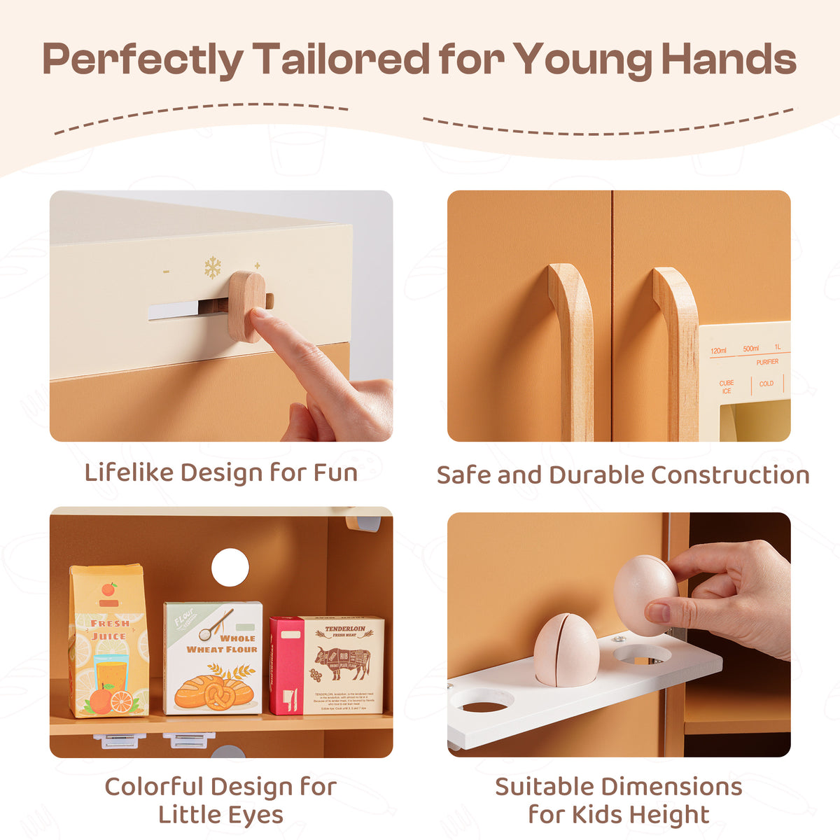 ROBUD Caramel Refrigerator feature callouts for lifelike design, safe construction, colorful decals and child-friendly height