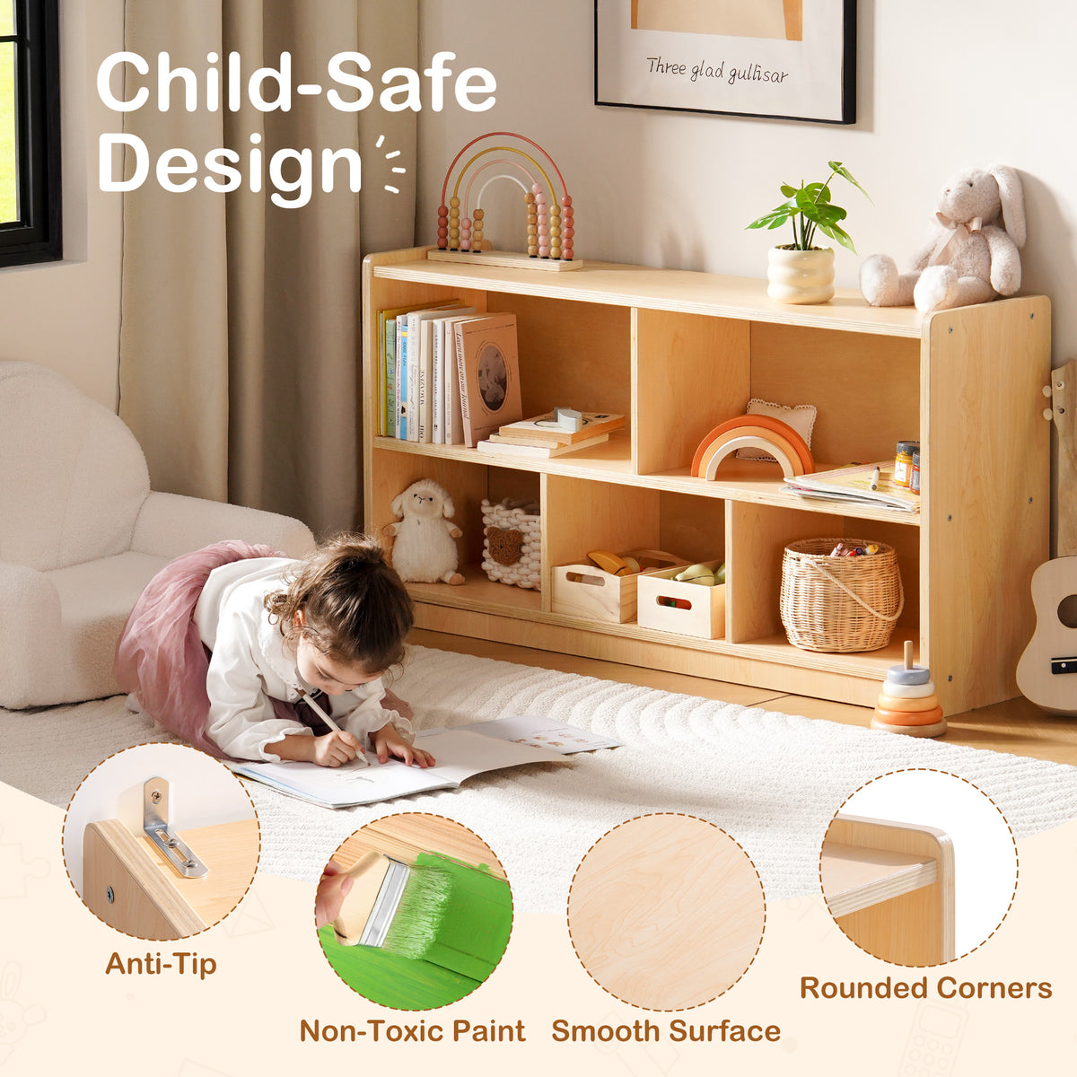 ROBUD Wooden Storage Cabinet child-safe design callouts for anti-tip, non-toxic paint, smooth surface and rounded corners