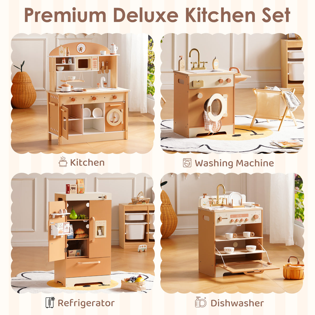 ROBUD Premium Deluxe Kitchen Set overview showing kitchen, washing machine, refrigerator and dishwasher as a full set on peach background