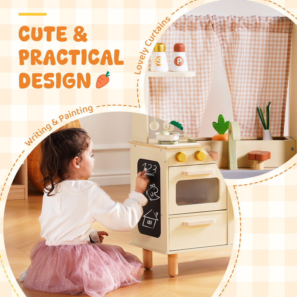 Girl writes on the chalkboard panel of the ROBUD cream wooden play kitchen with orange-toned gingham curtain backdrop.
