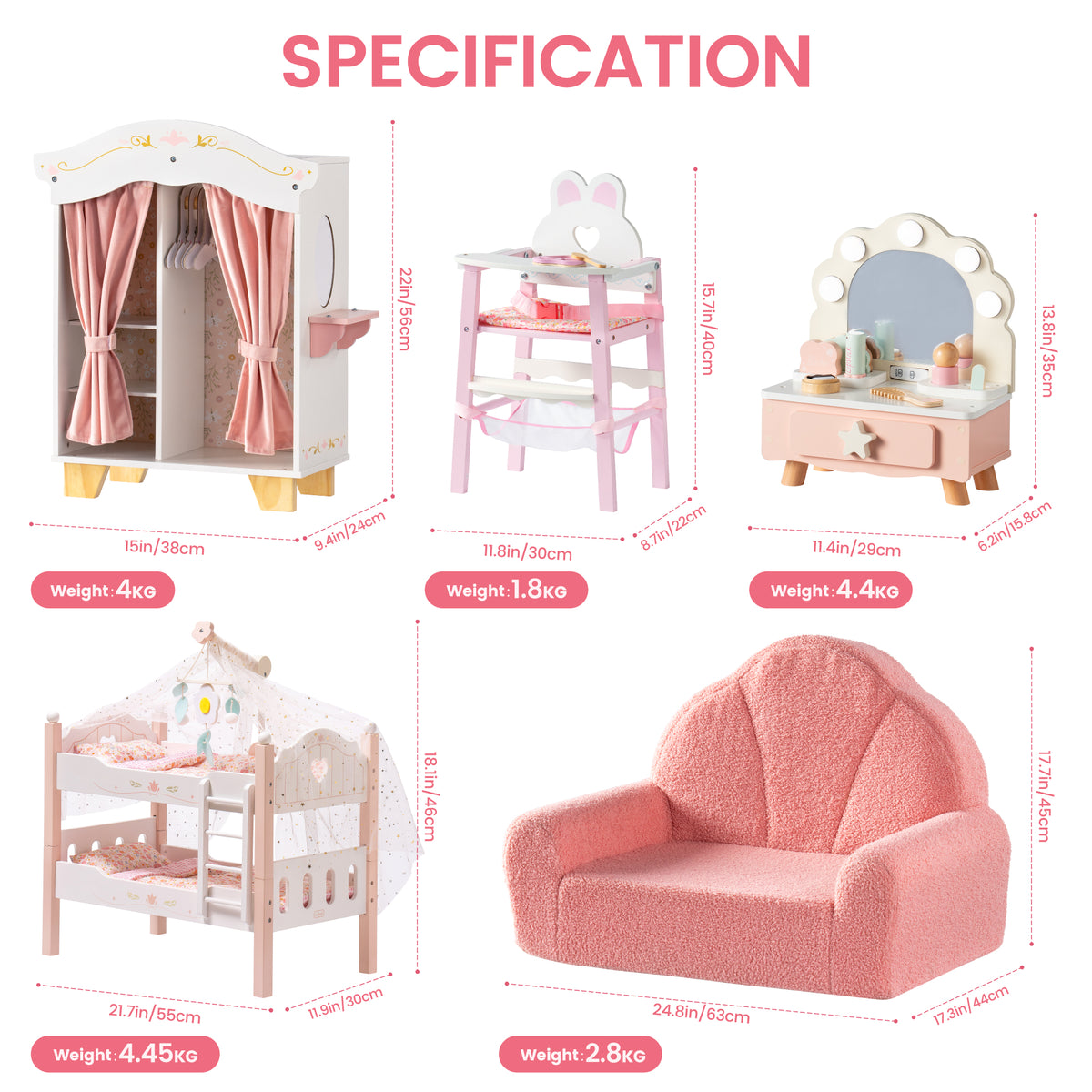 ROBUD Princess series bundle overview showing wardrobe, high chair, tabletop vanity, bunk bed, and kids sofa dimensions.