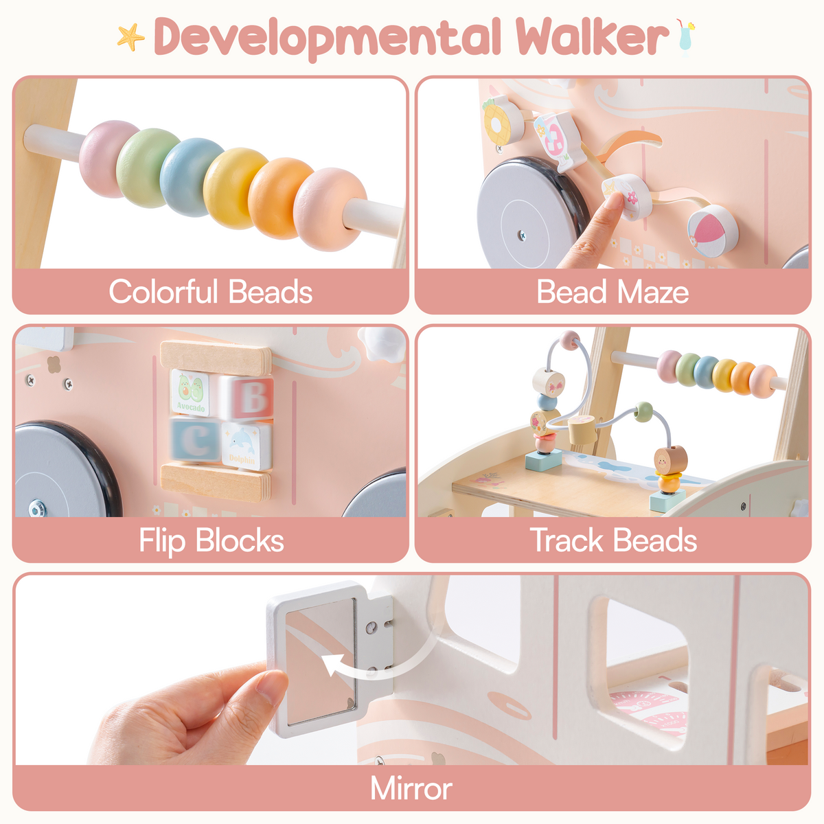 ROBUD pink baby push walker activity feature grid showing colorful beads bead maze flip blocks track beads and mirror.