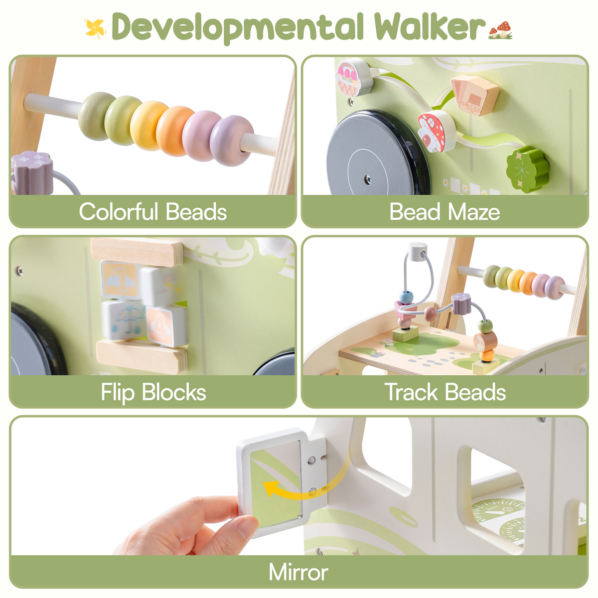 ROBUD green wooden bus walker activity feature panels showing colorful beads bead maze flip blocks track beads and mirror.