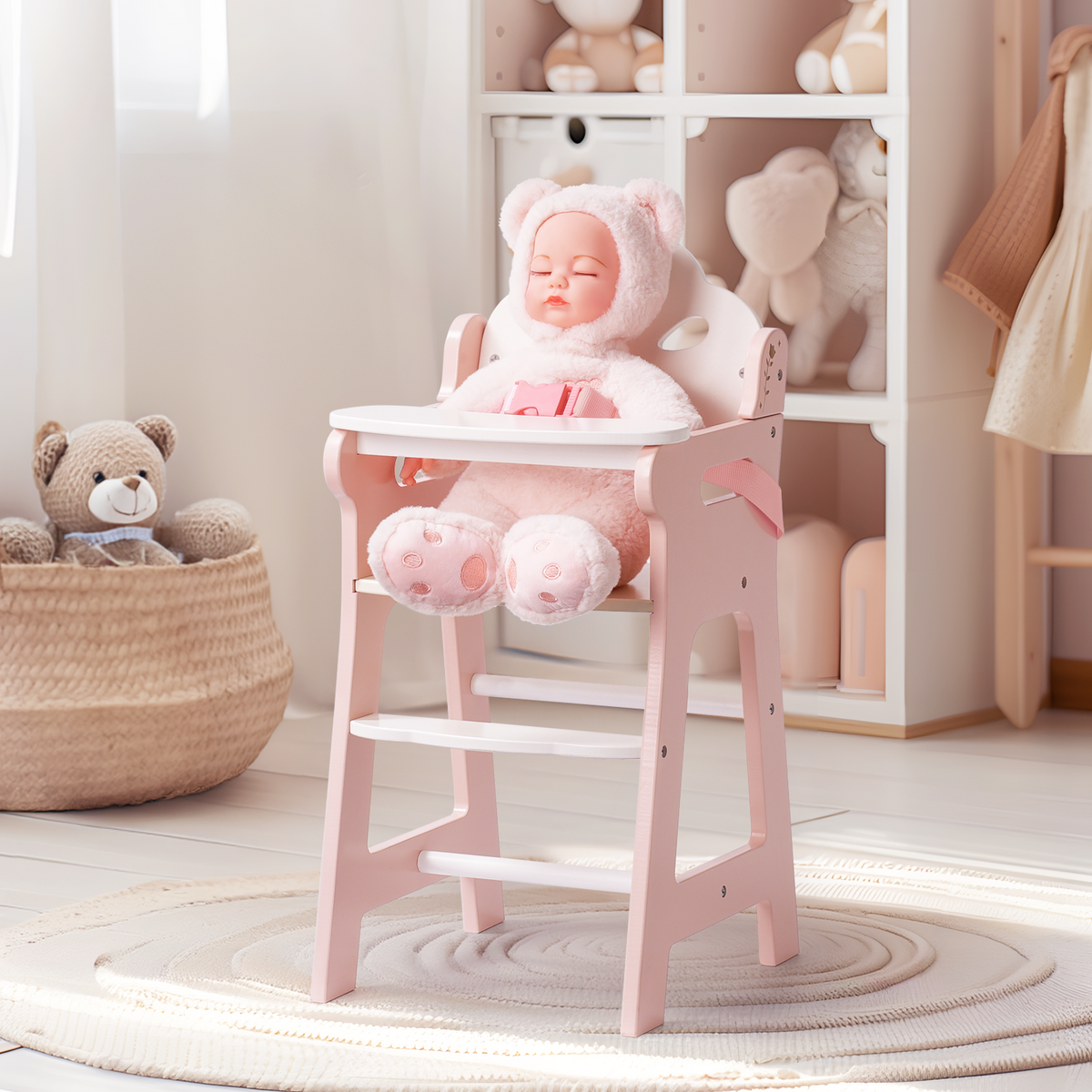 Pink baby doll sits in the ROBUD pink wooden doll high chair beside a nursery backdrop with plush toys stored beneath.