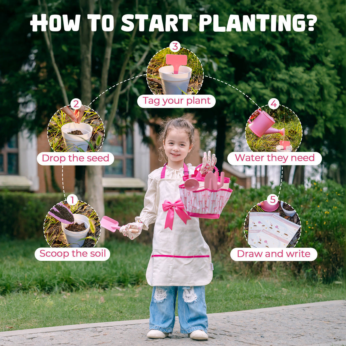 ROBUD Bow Gardening Set how to start planting guide showing steps to drop seeds, scoop soil, water and draw and write plant records